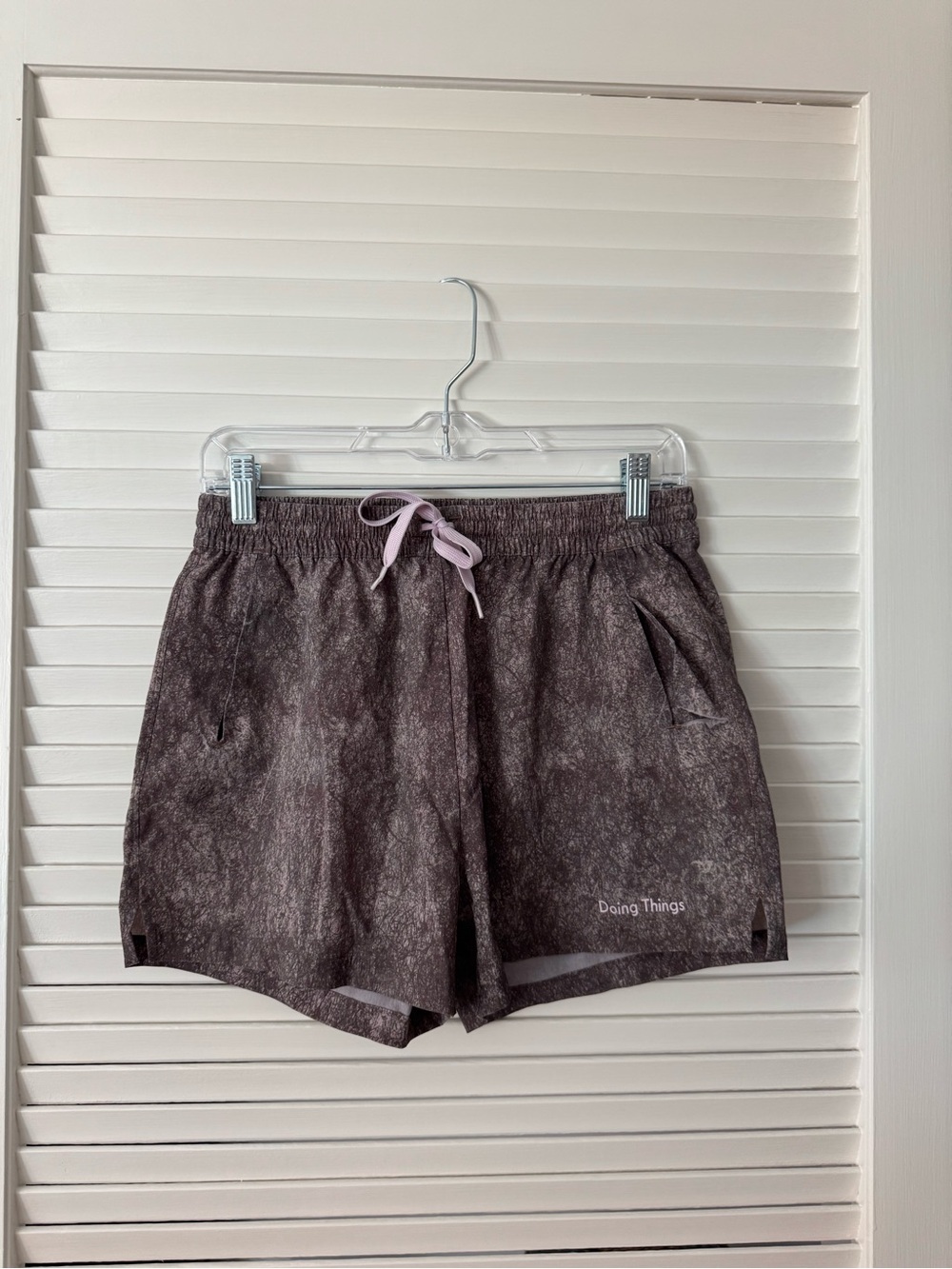 Outdoor Voices Heathered Charcoal Athletic Shorts with Pink Drawstring